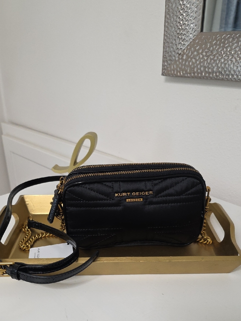 Kurt Geiger Black Quilted Leather Camera Crossbody with Gold Hardware